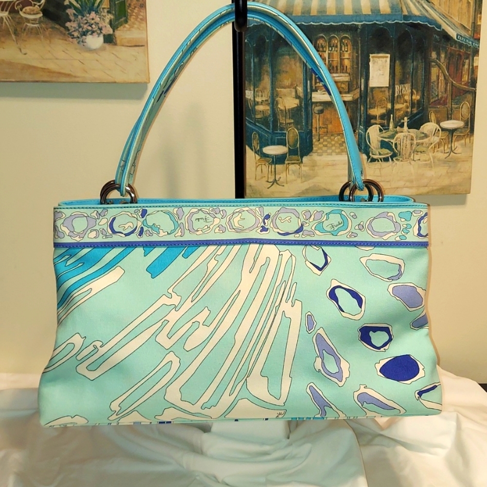 EMILIO PUCCI-Vintage authentic Pucci print Blue,Turquoise Canvas & Leather bag